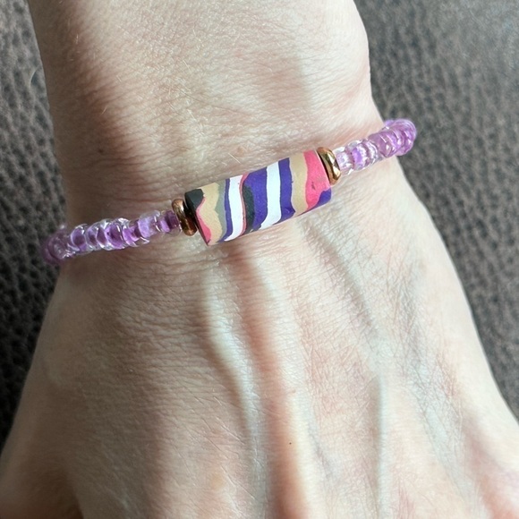 Handmade bracelet polymer clay bead purple multi colored - Picture 1 of 3